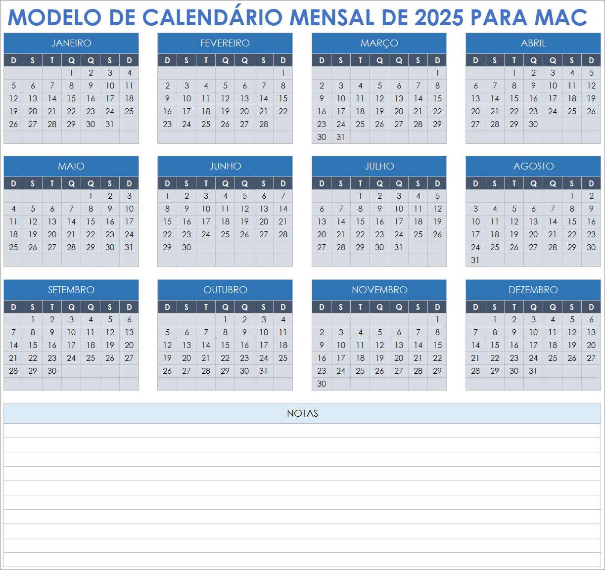 Modelo de calendário mensal de 2025 para Mac