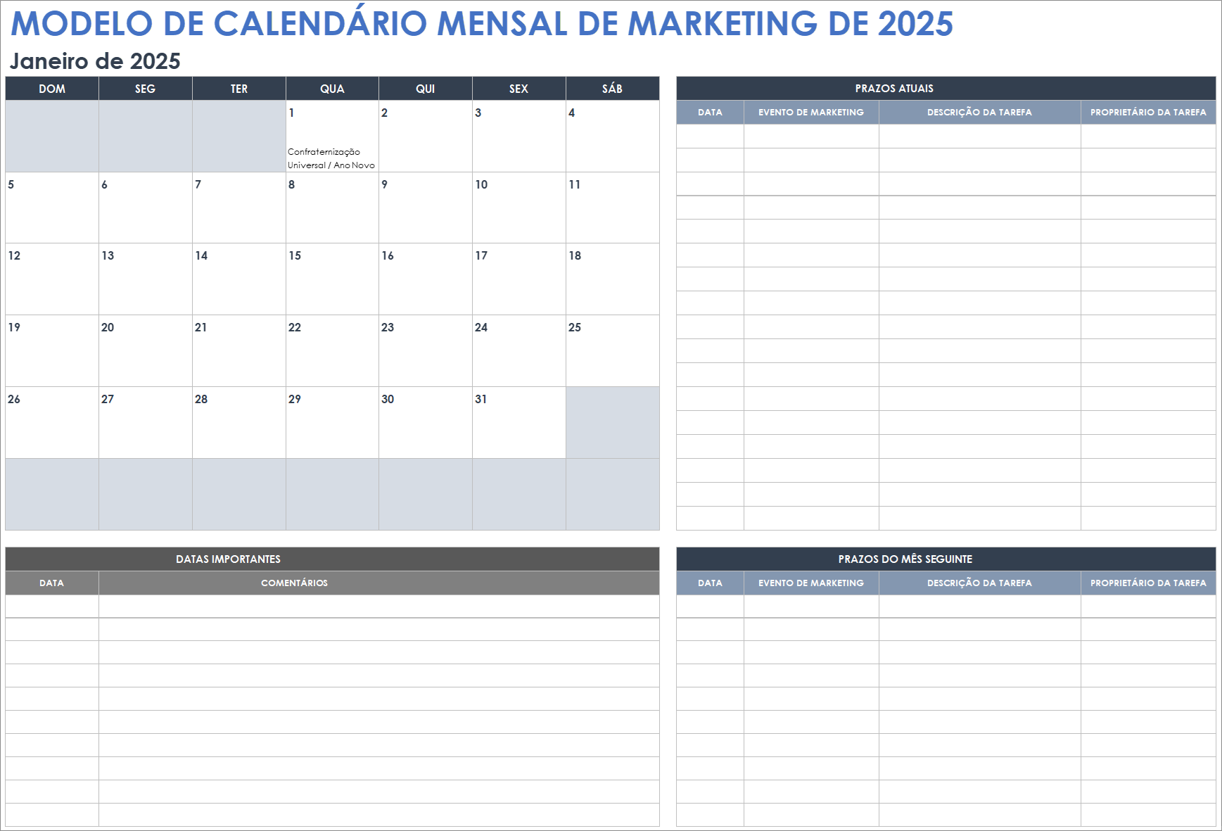 Modelo de calendário mensal de marketing de 2025 