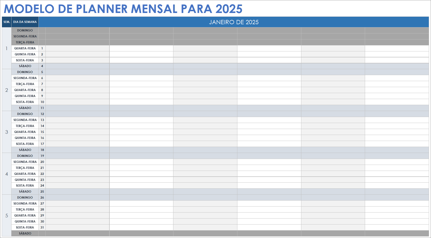 Modelo de planner mensal para 2025