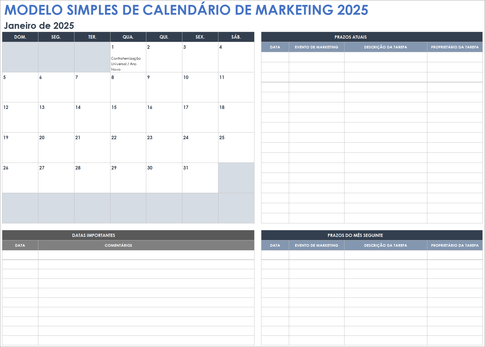 Modelo simples de calendário de marketing de 2025