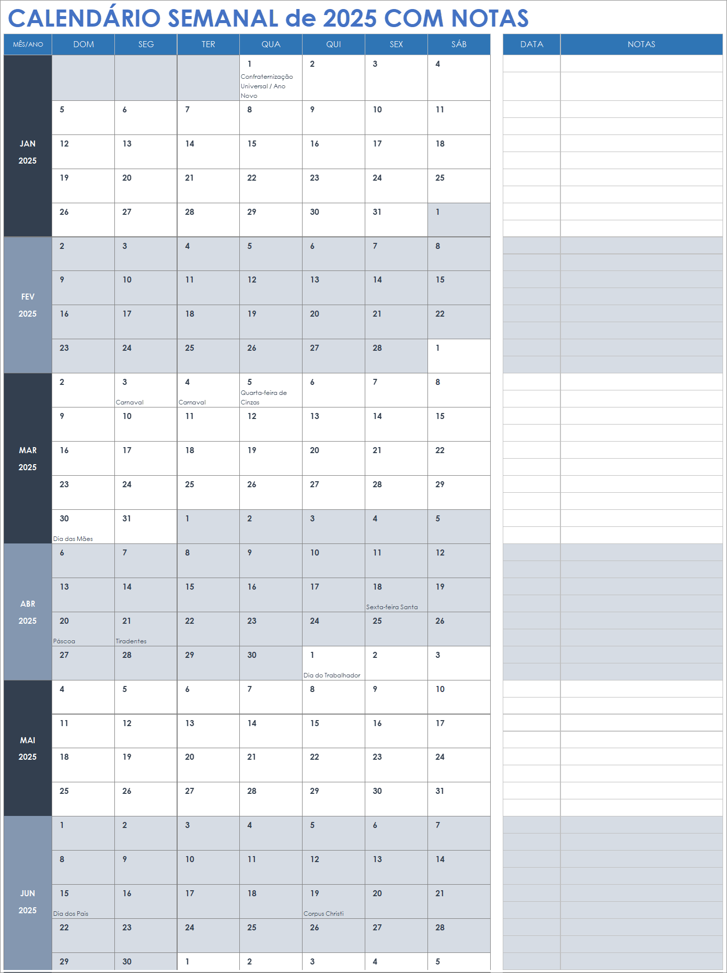 Calendário semanal 2025 com notas