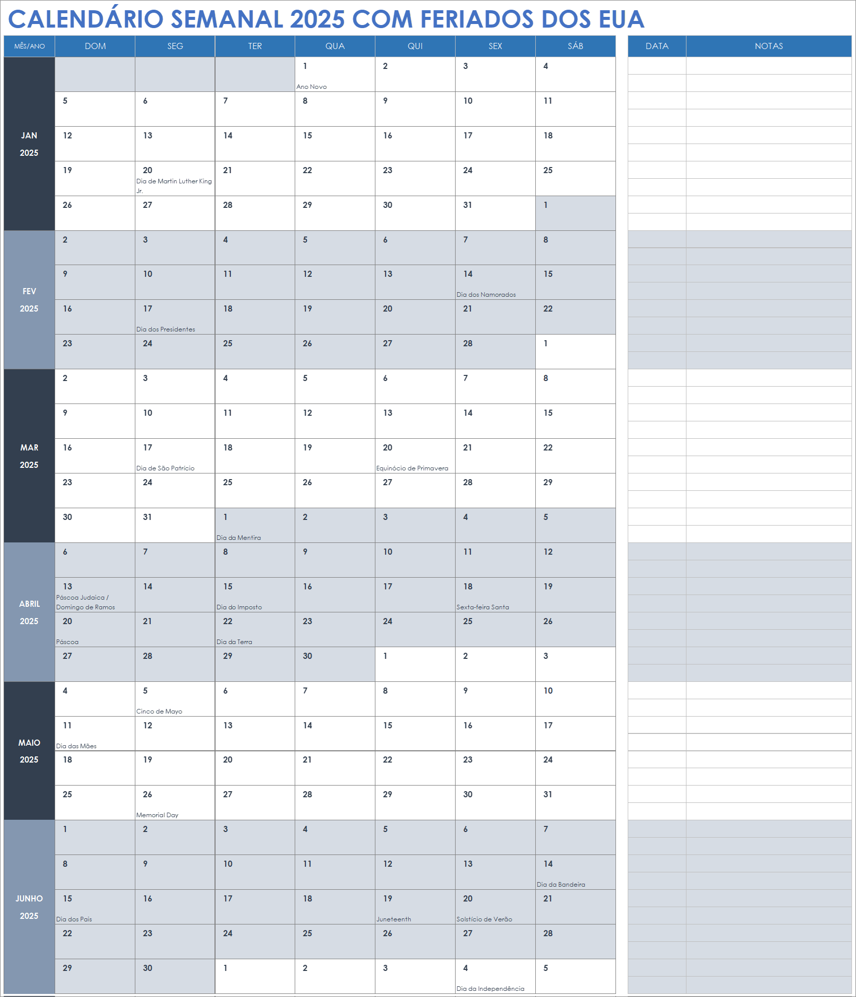 Calendário semanal de 2025 com feriados dos EUA