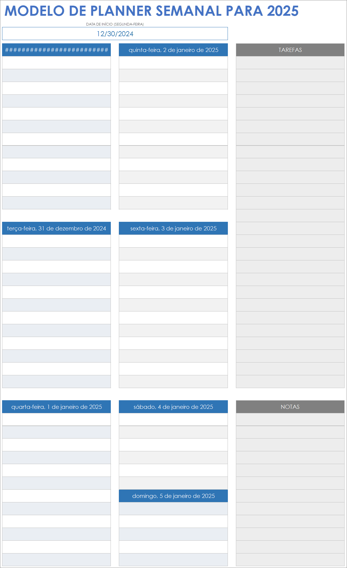 Modelo de planner semanal para 2025