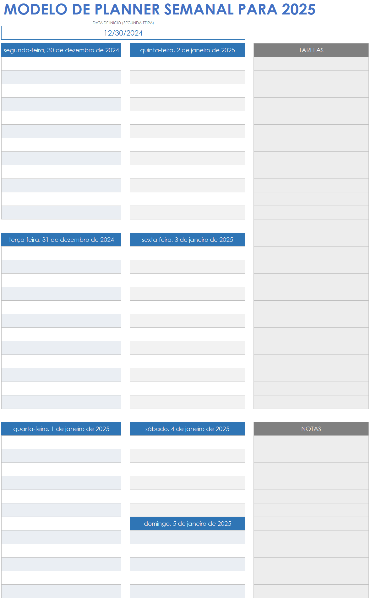 Modelo de planner semanal para 2025