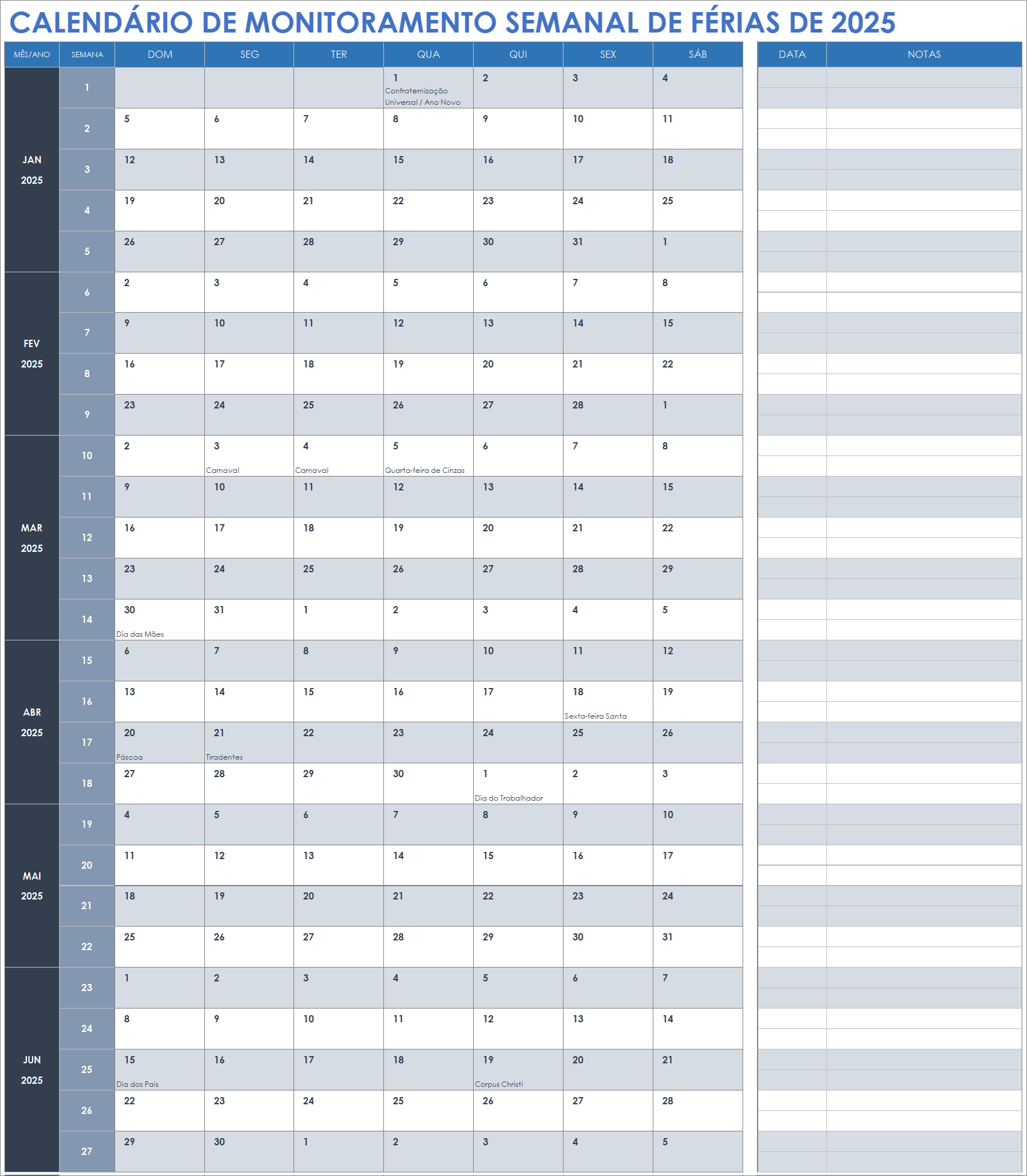 Calendário de monitoramento semanal de férias de 2025