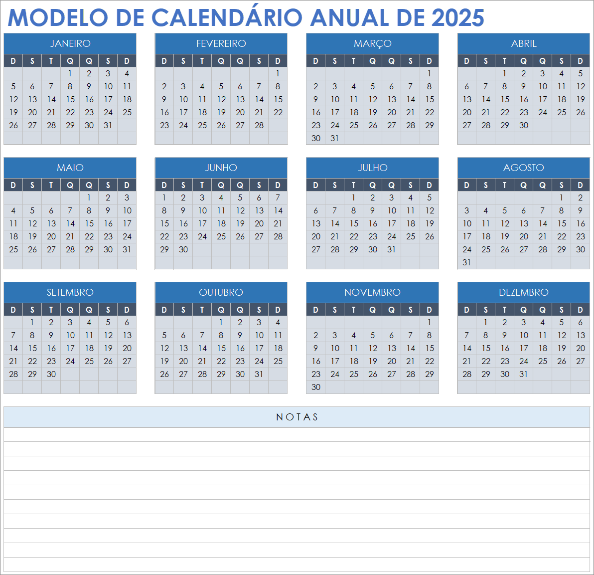 Modelo de calendário anual de 2025