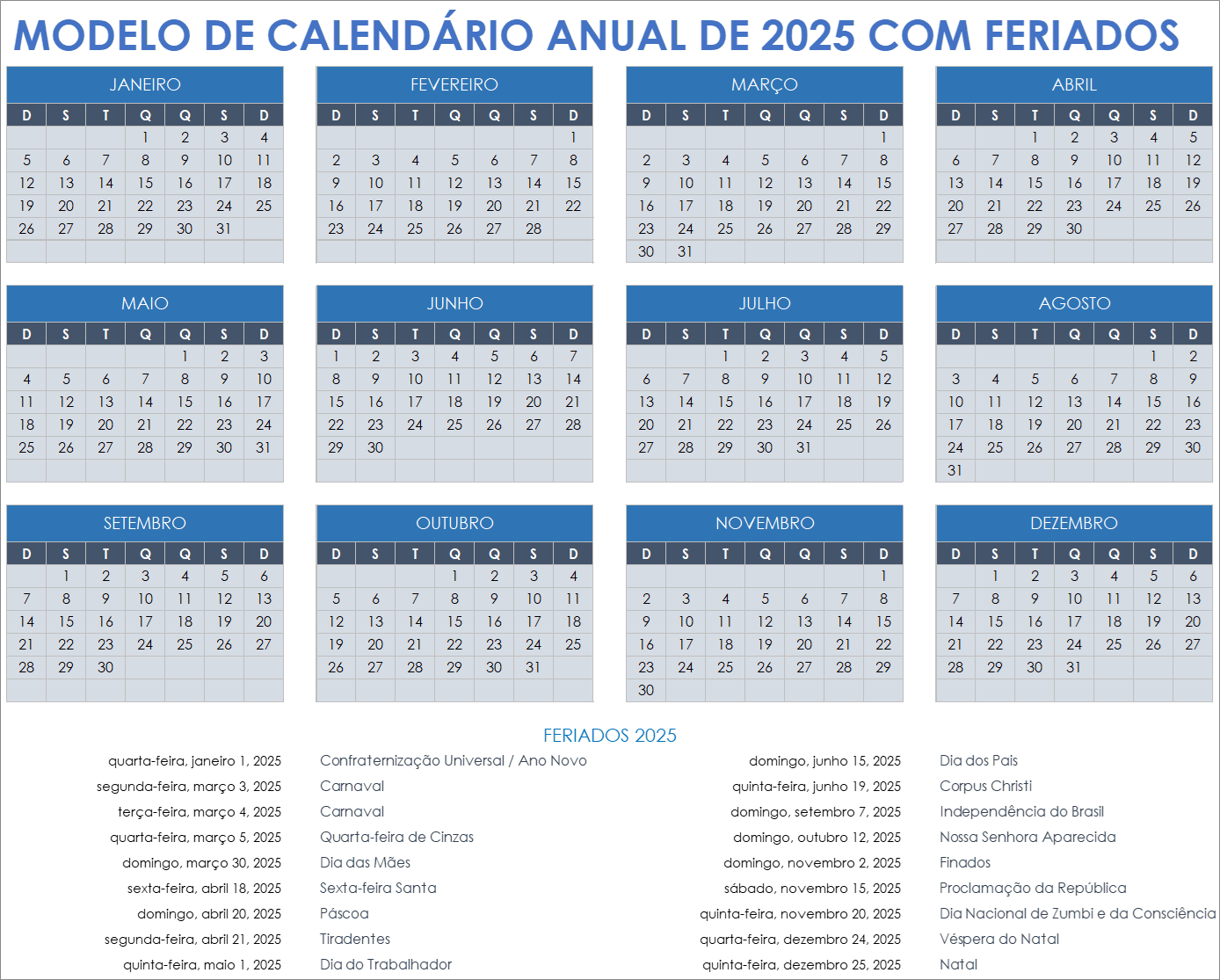 Modelo de calendário anual de 2025 com feriados