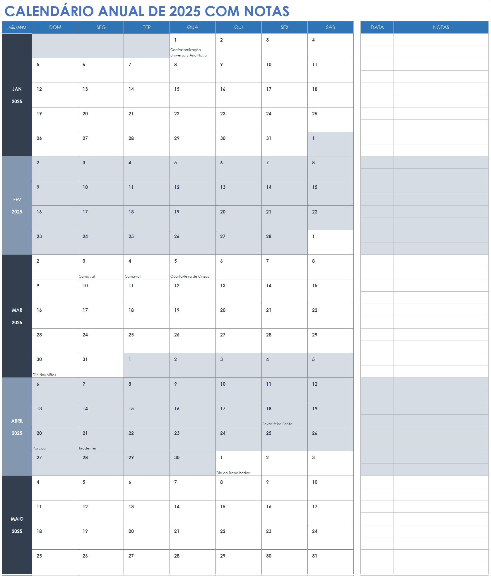 Calendário anual de 2025 com notas