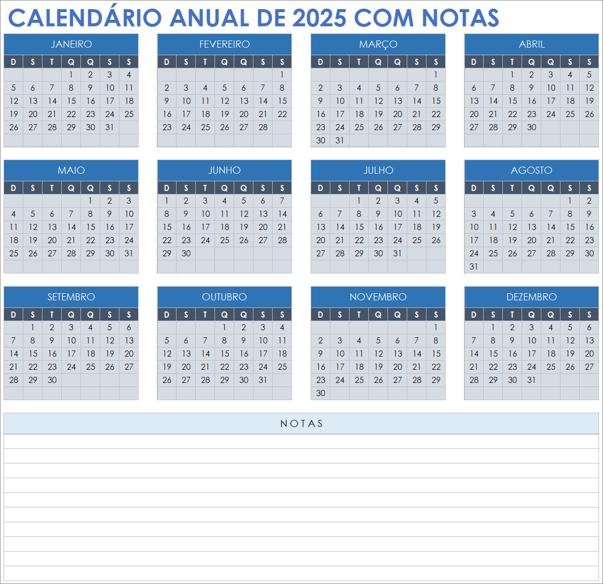 Calendário anual de 2025 com notas