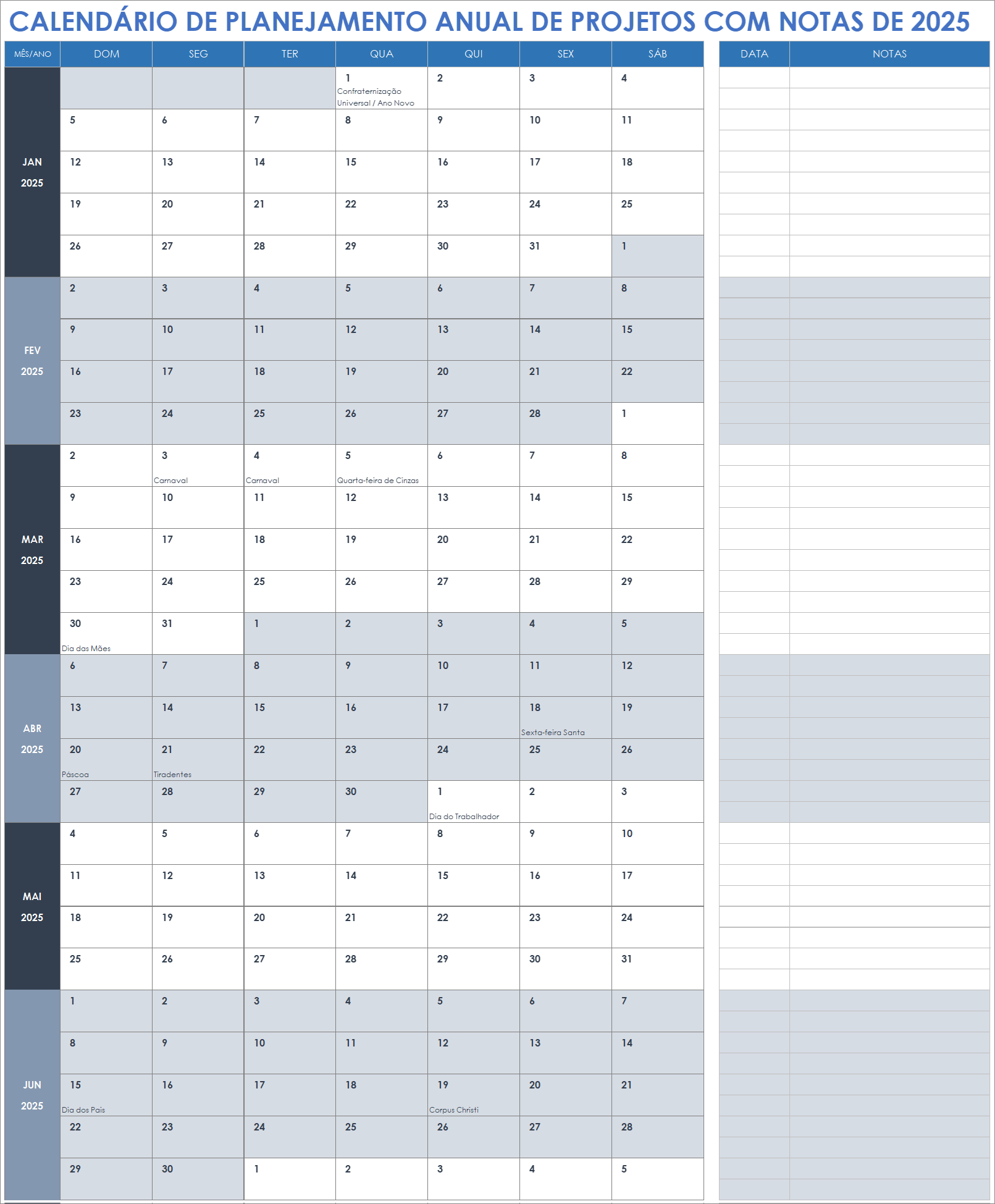 Calendário de planejamento anual de projetos com notas de 2025