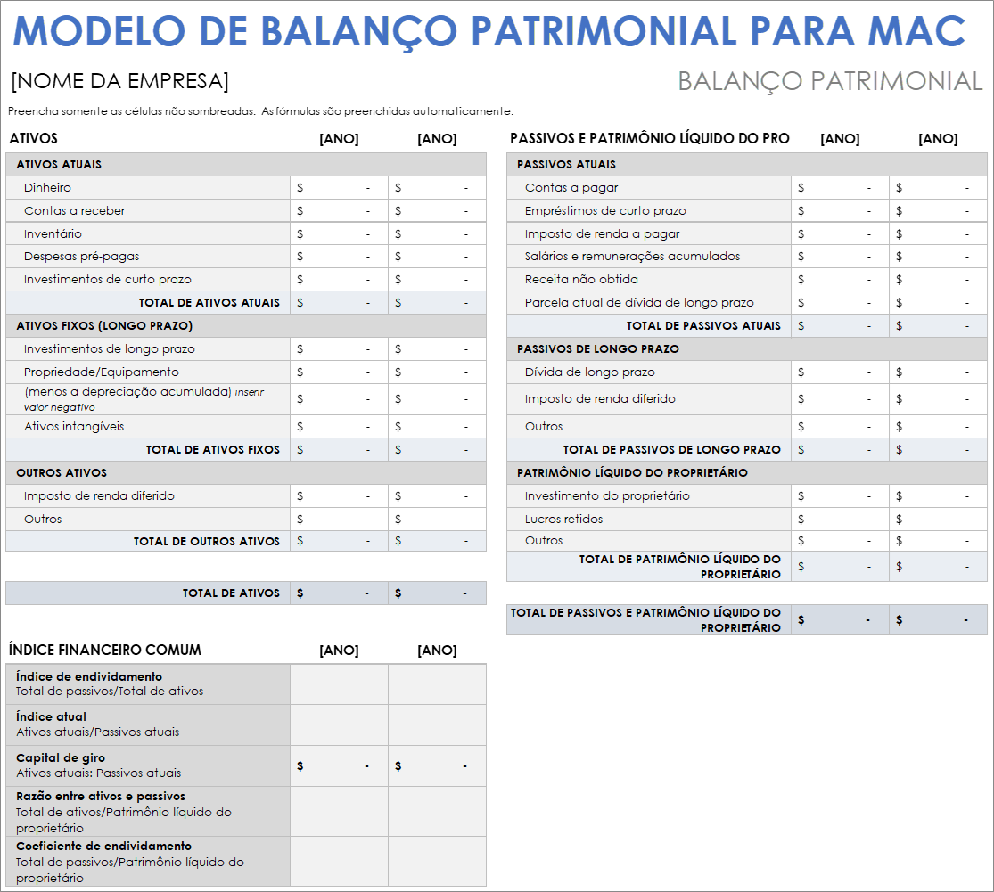 Modelo de balanço patrimonial para Mac