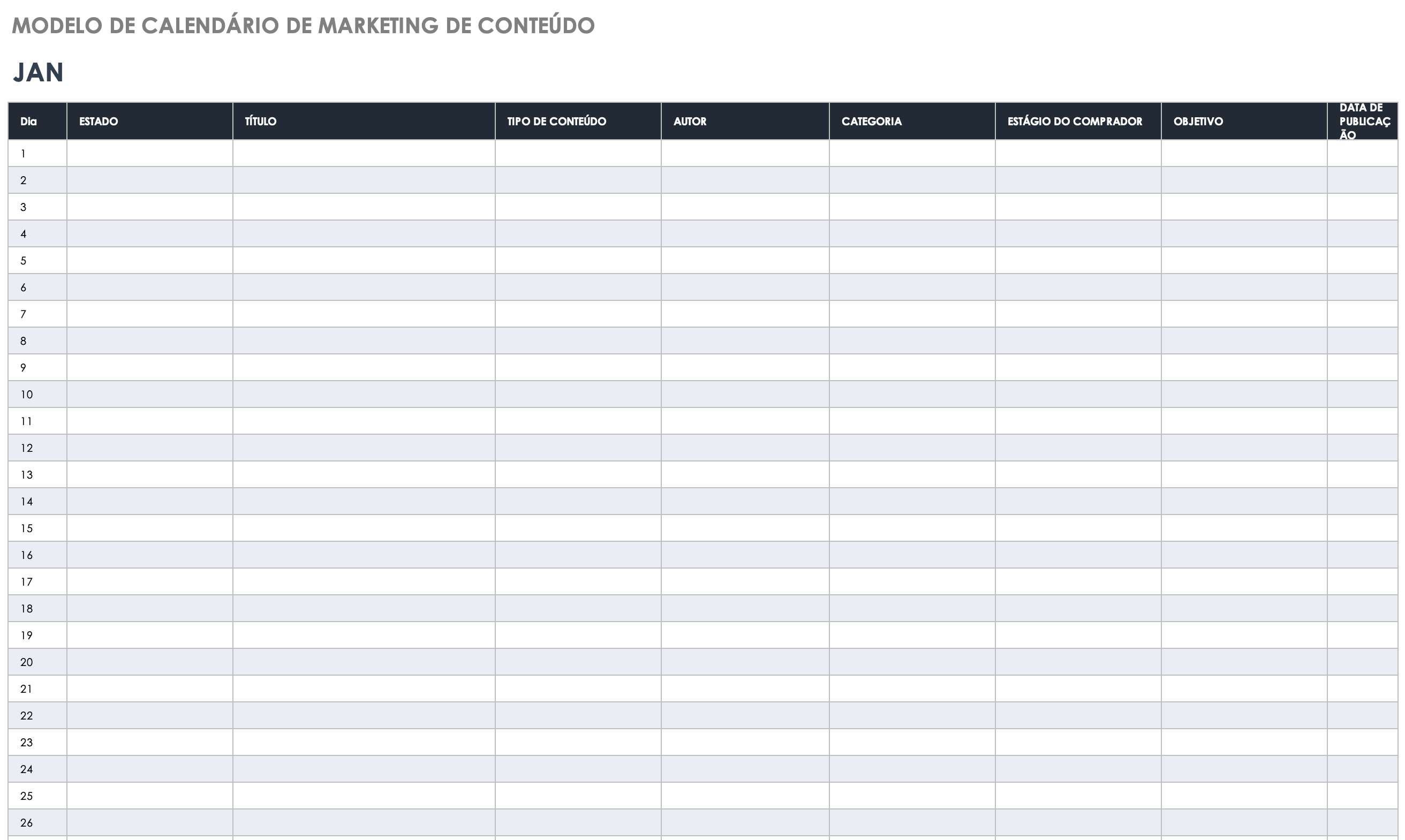 Modelo de calendário de marketing de conteúdo