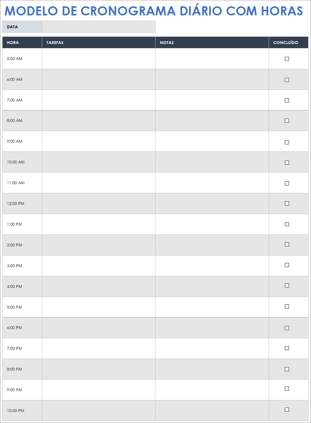Modelo de cronograma diário com horas