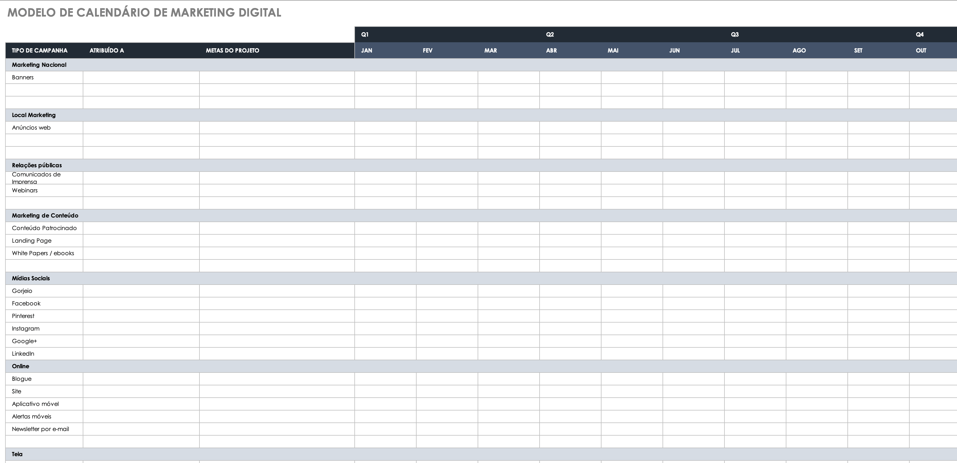 Modelo de calendário de marketing digital