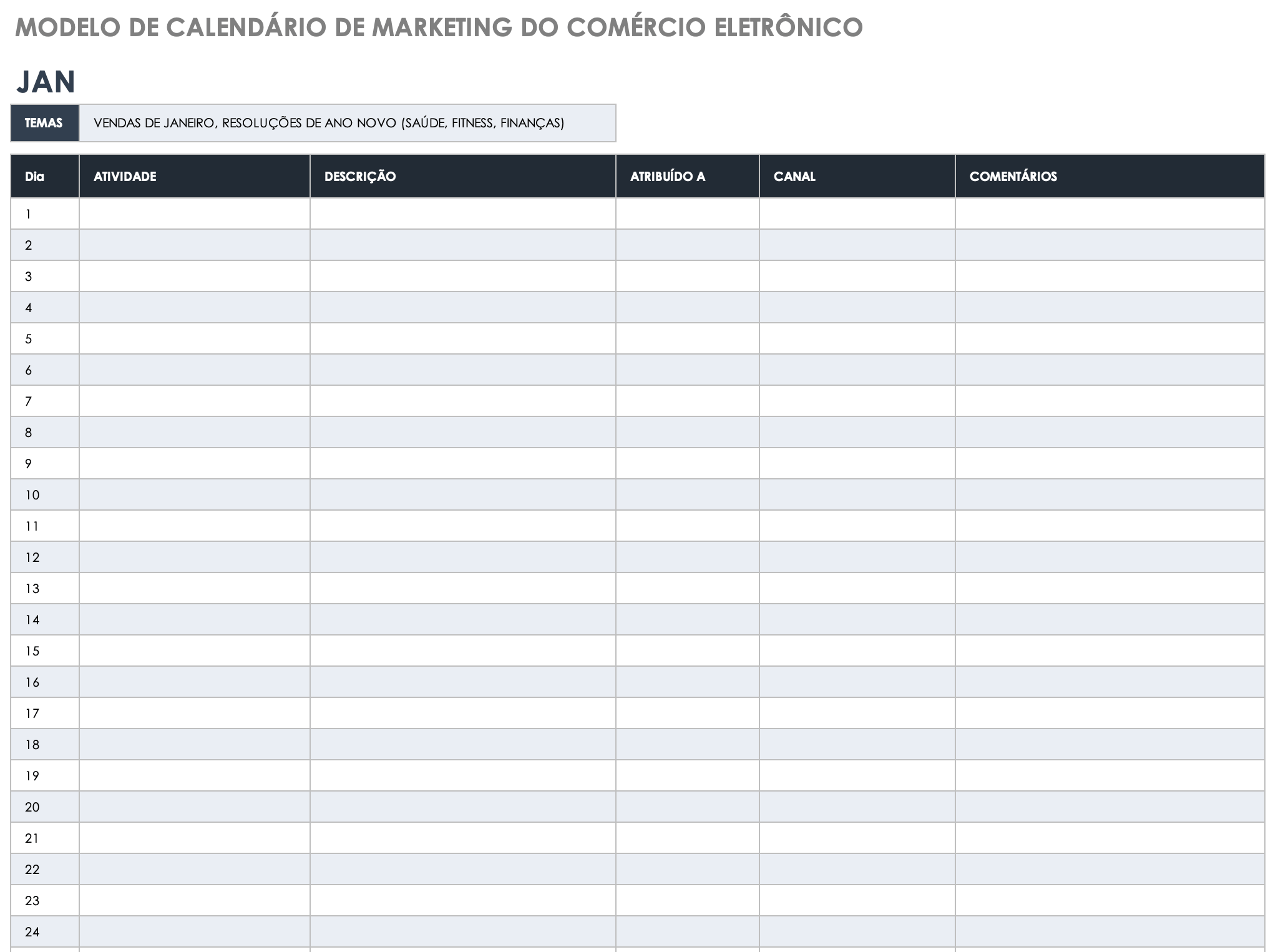 Modelo de calendário de marketing para comércio eletrônico