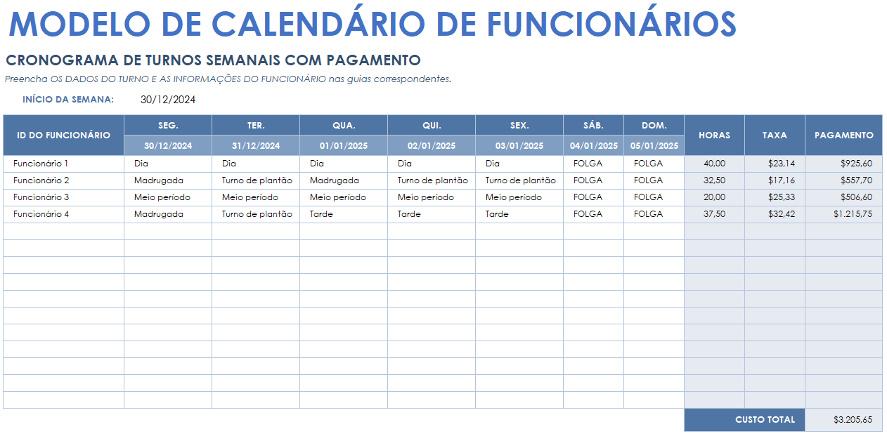 Modelo de calendário de funcionários