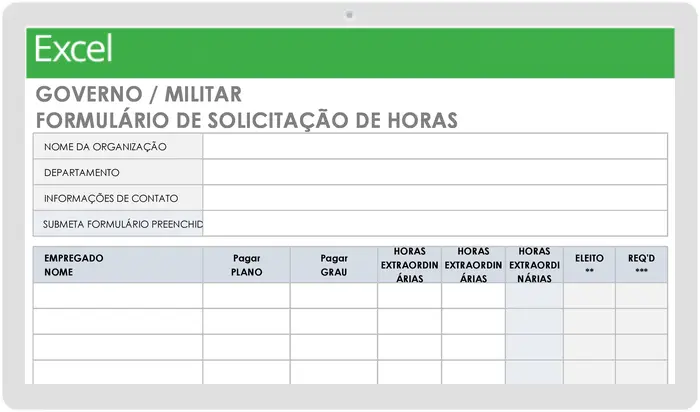 Modelo de formulário de solicitação de horas extras para administração pública/Forças Armadas