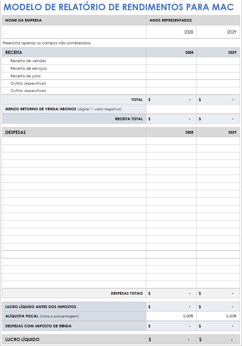 Modelo de relatório de rendimentos para Mac