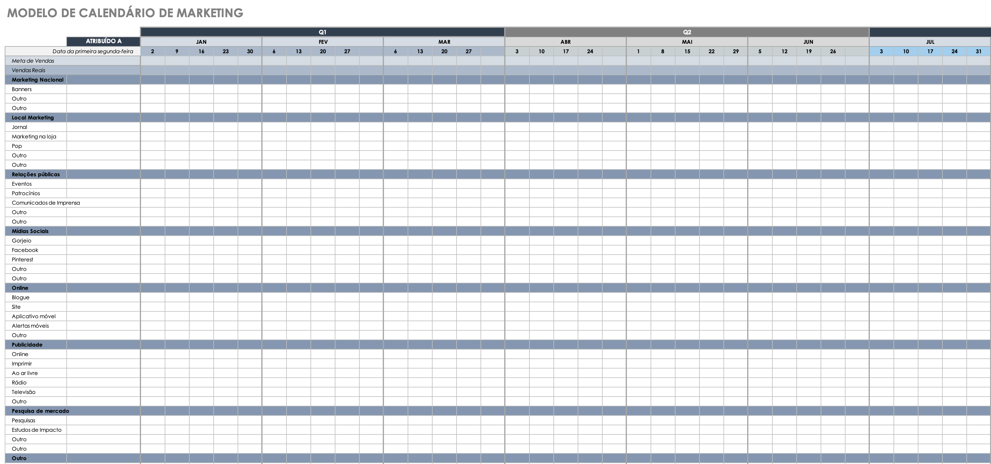 Modelo de calendário de marketing