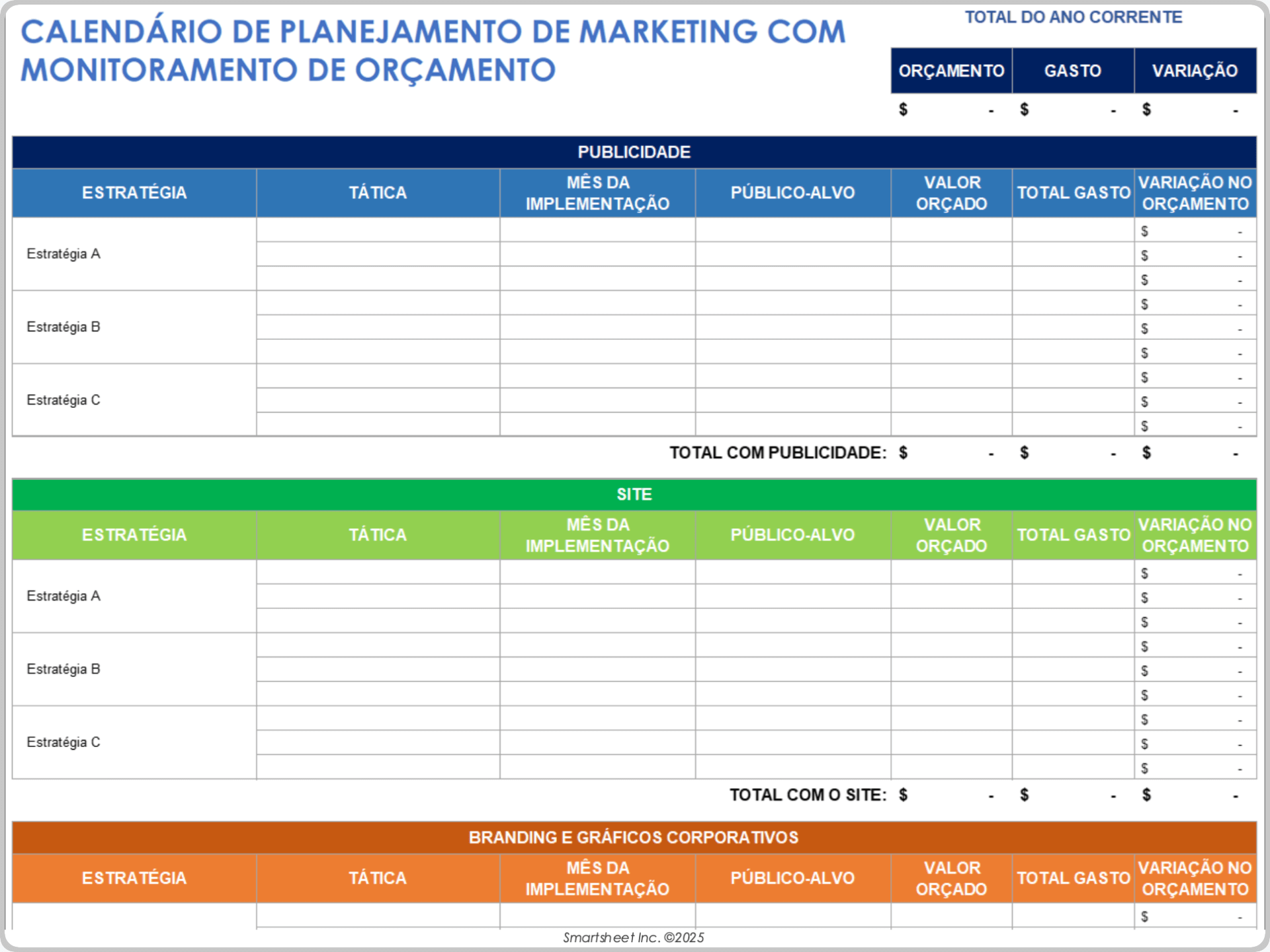 Calendário de plano de marketing com modelo de rastreador de orçamento