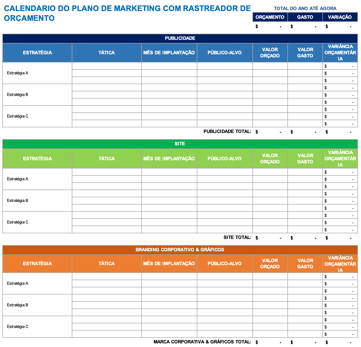  Modelo de plano de marketing com calendário e rastreador de orçamento