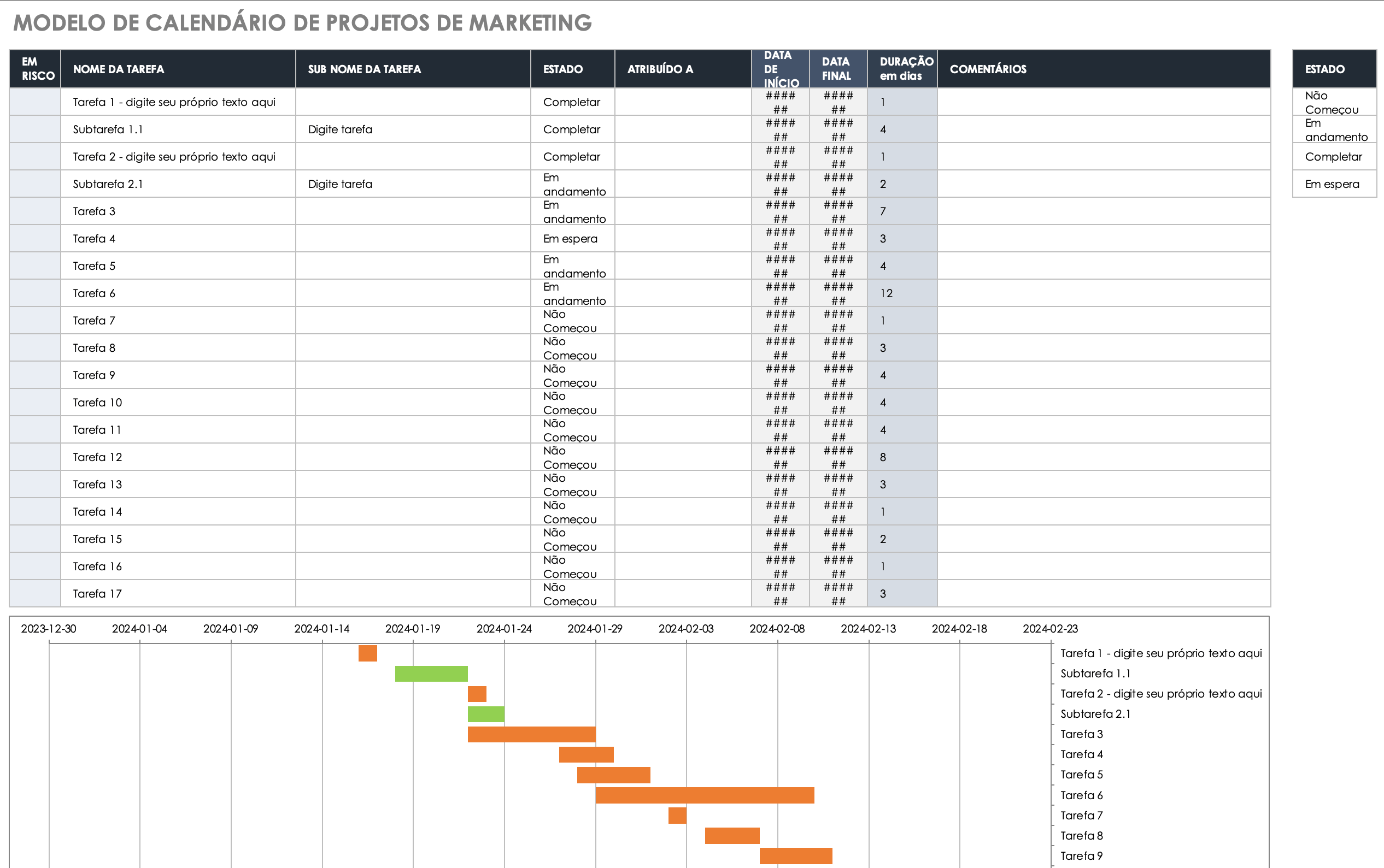 Modelo de calendário de projeto de marketing