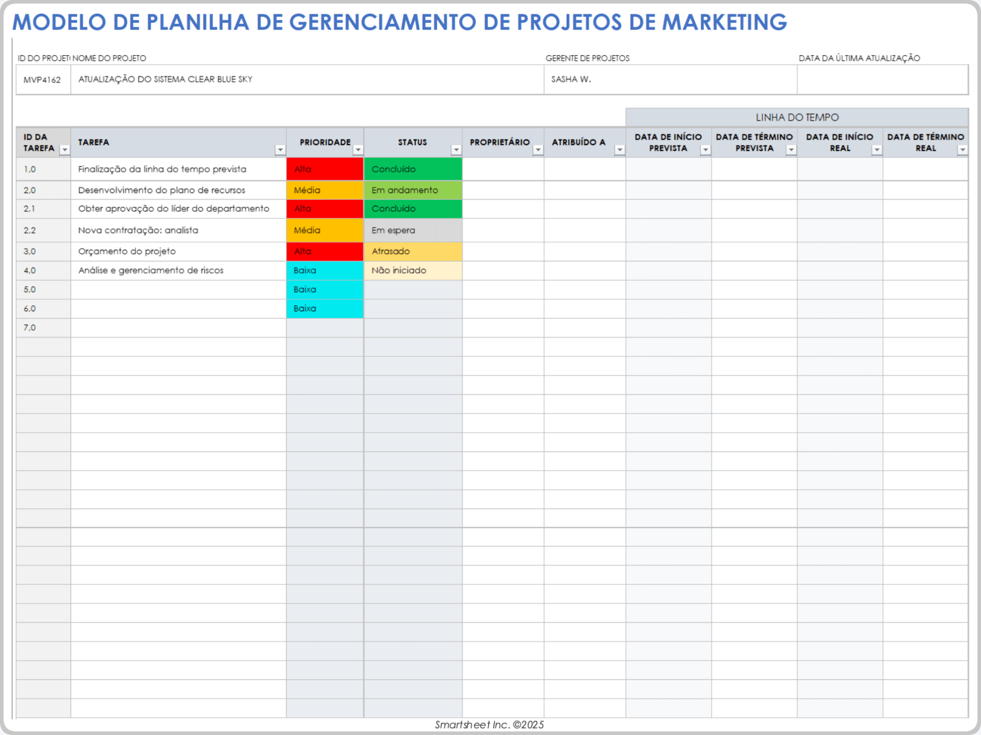 Modelo de folha de cálculo de gestão de projetos de marketing