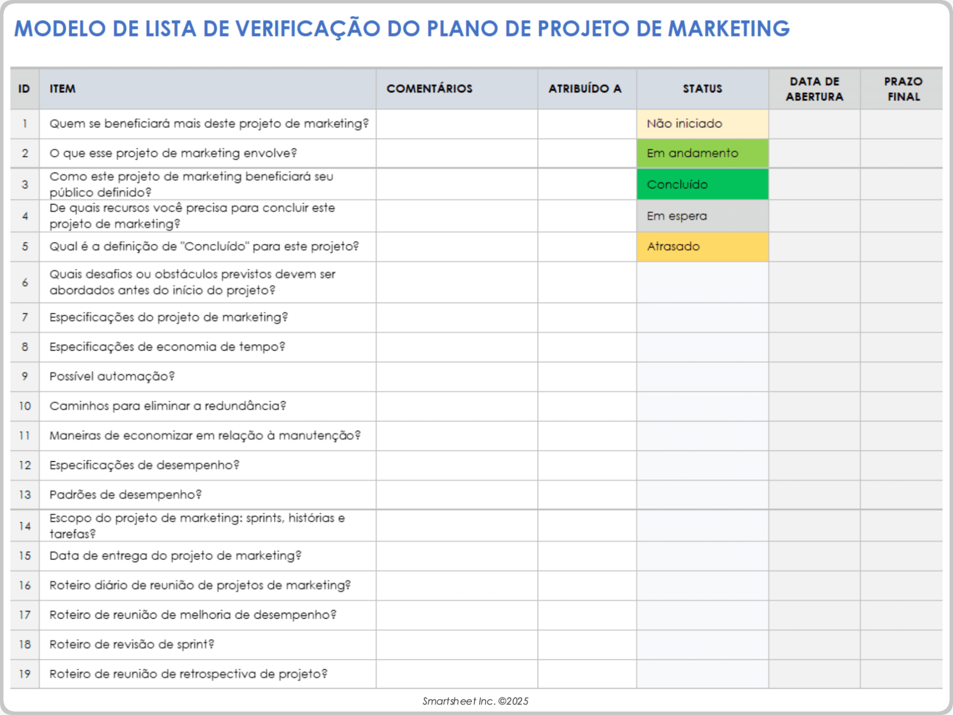 Modelo de lista de verificação do plano de projeto de marketing