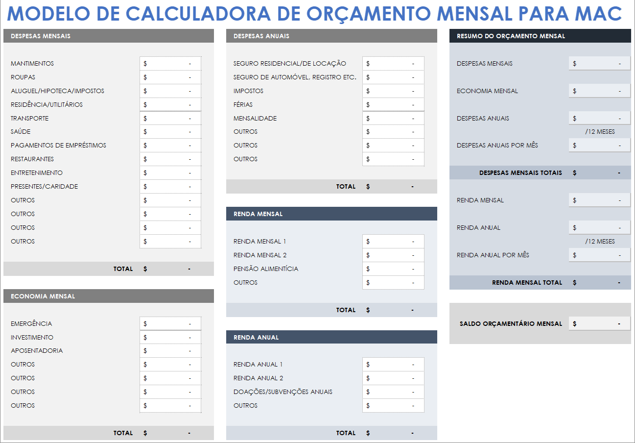 Modelo de calculadora de orçamento mensal para Mac