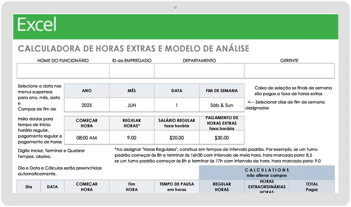 Modelo de calculadora de horas extras e análise