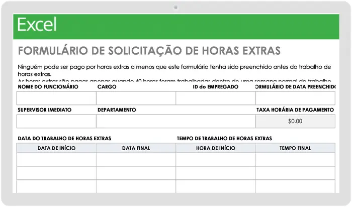 Modelo de formulário de solicitação de horas extras