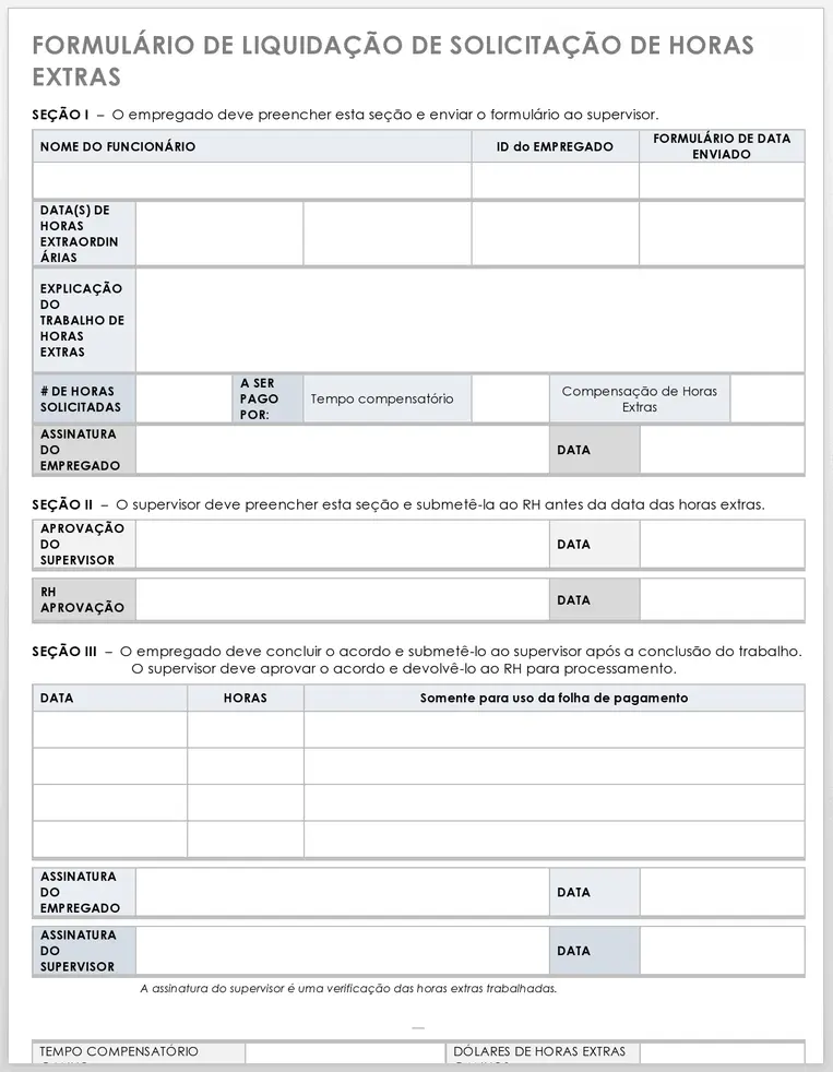 Modelo de formulário de quitação da solicitação de horas extras