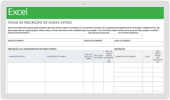 Modelo de planilha de inscrição para horas extras