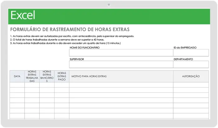 Modelo de formulário de acompanhamento de horas extras