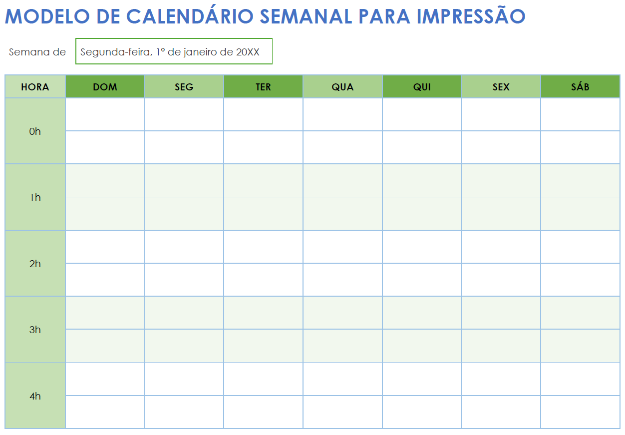 Modelo de calendário semanal para impressão em formato paisagem