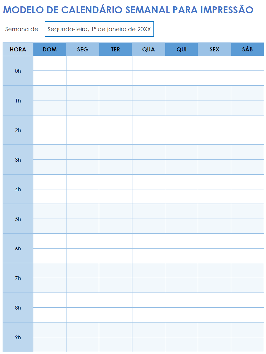 Modelo de calendário semanal para impressão em formato retrato