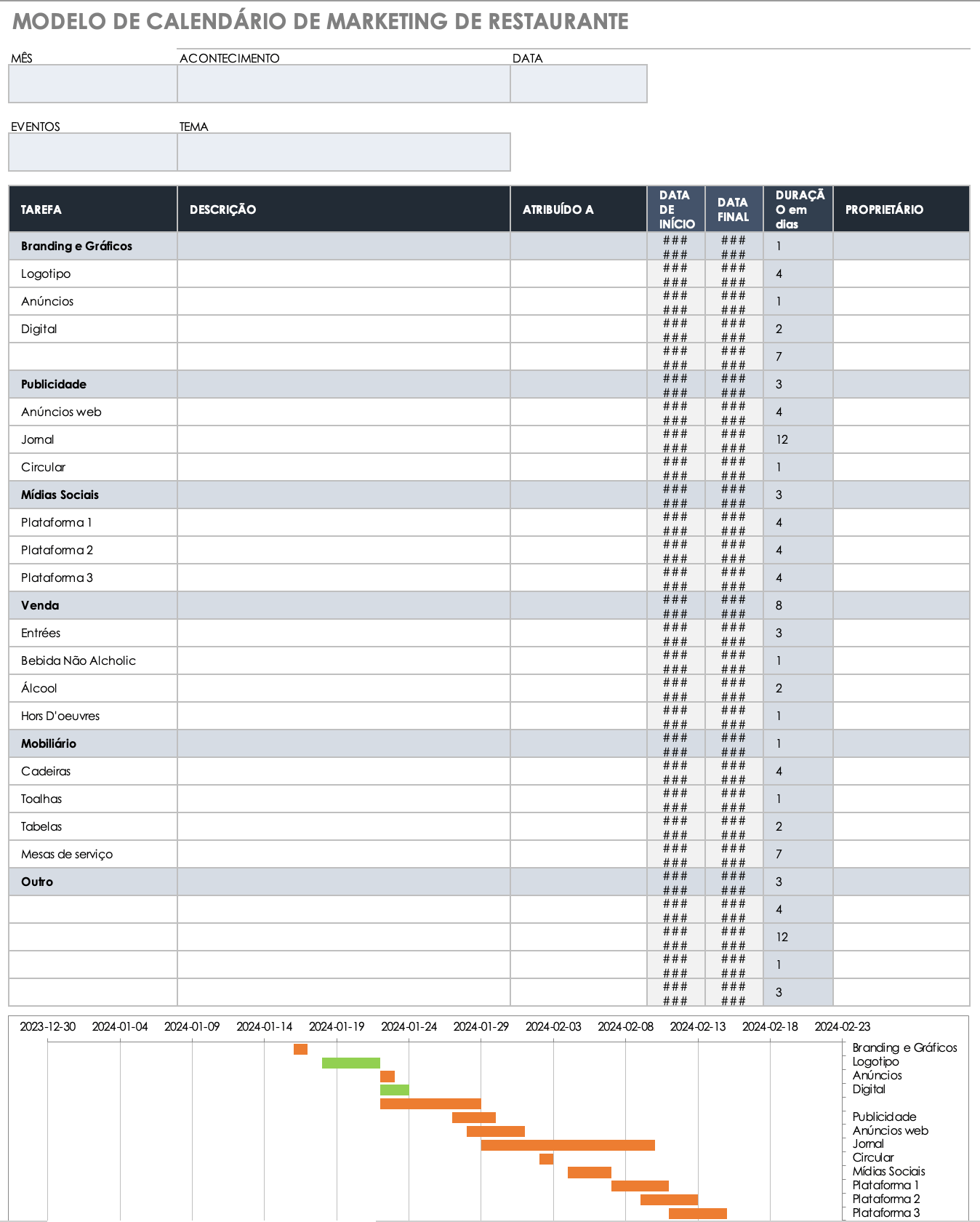 Modelo de calendário de marketing para restaurantes