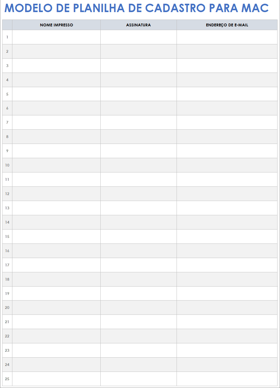 Modelo de planilha de cadastro para Mac