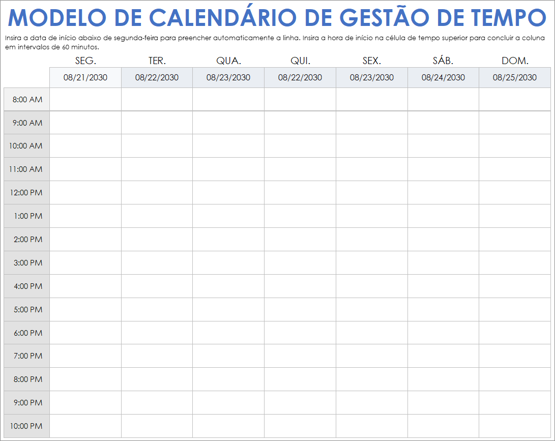 Modelo de calendário de gerenciamento de tempo