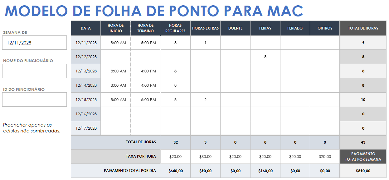 Modelo de folha de ponto para Mac