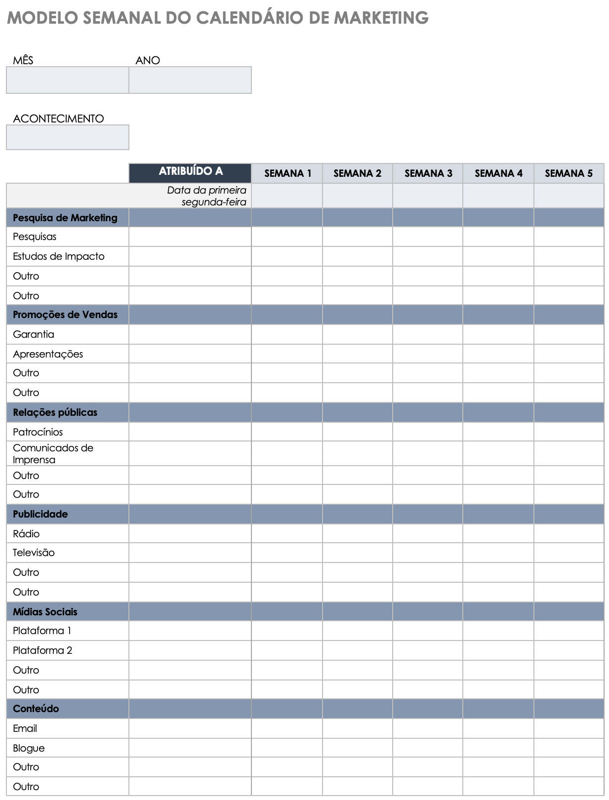 Modelo de calendário de marketing semanal