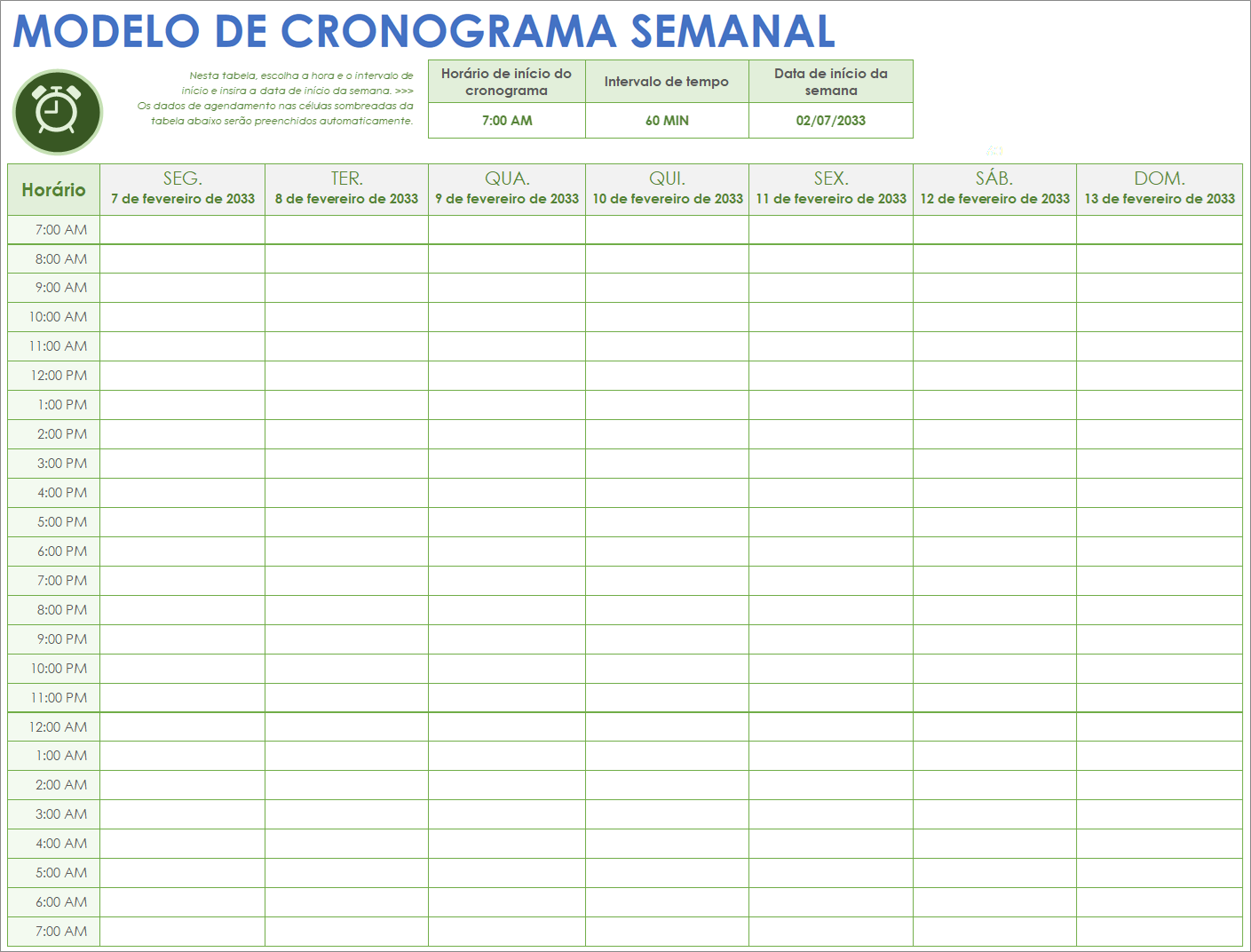 Modelo de cronograma semanal