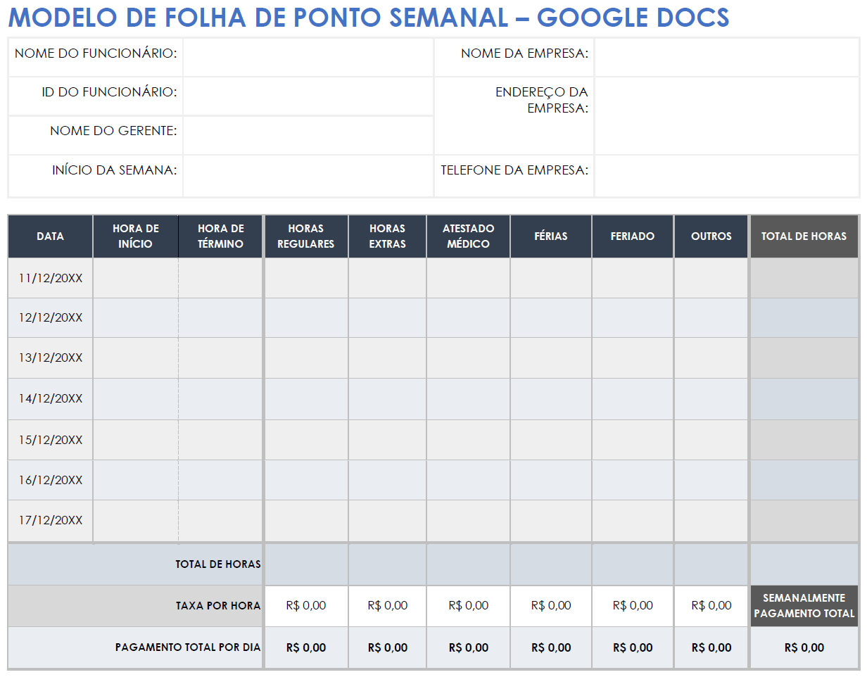 Modelo de planilha de horas semanal