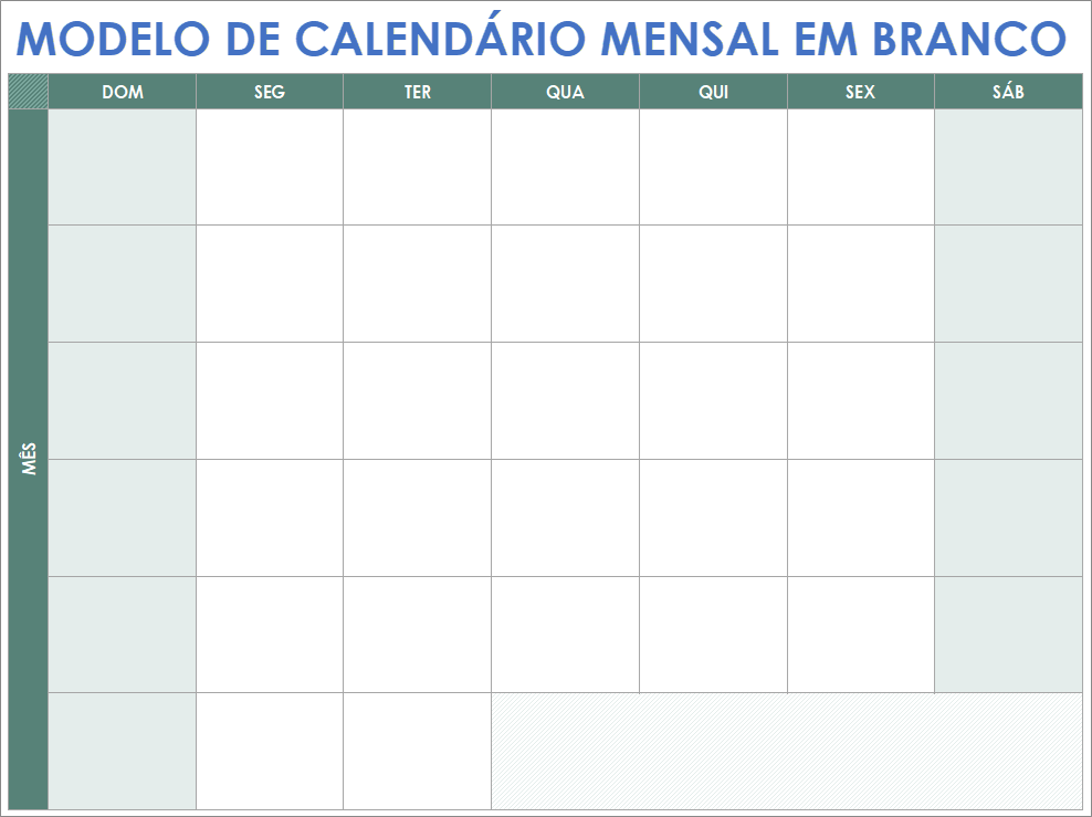 Modelo de calendário mensal em branco