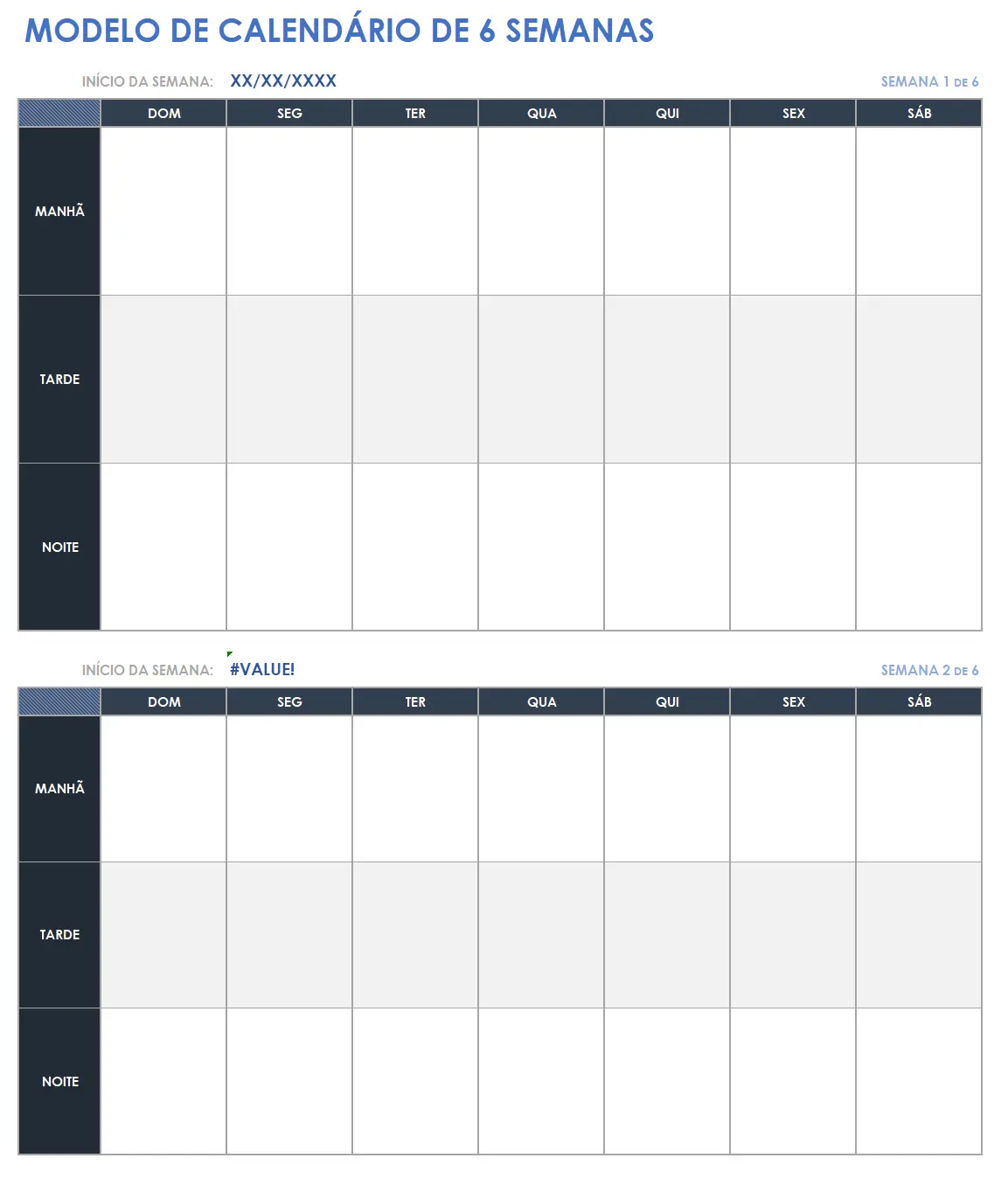 Modelo de calendário de 6 semanas