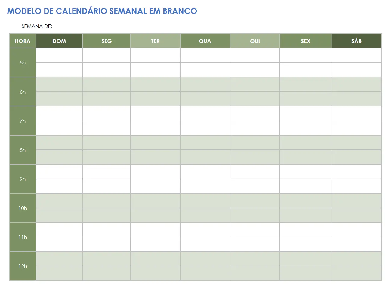 Modelo de calendário semanal em branco com paisagem