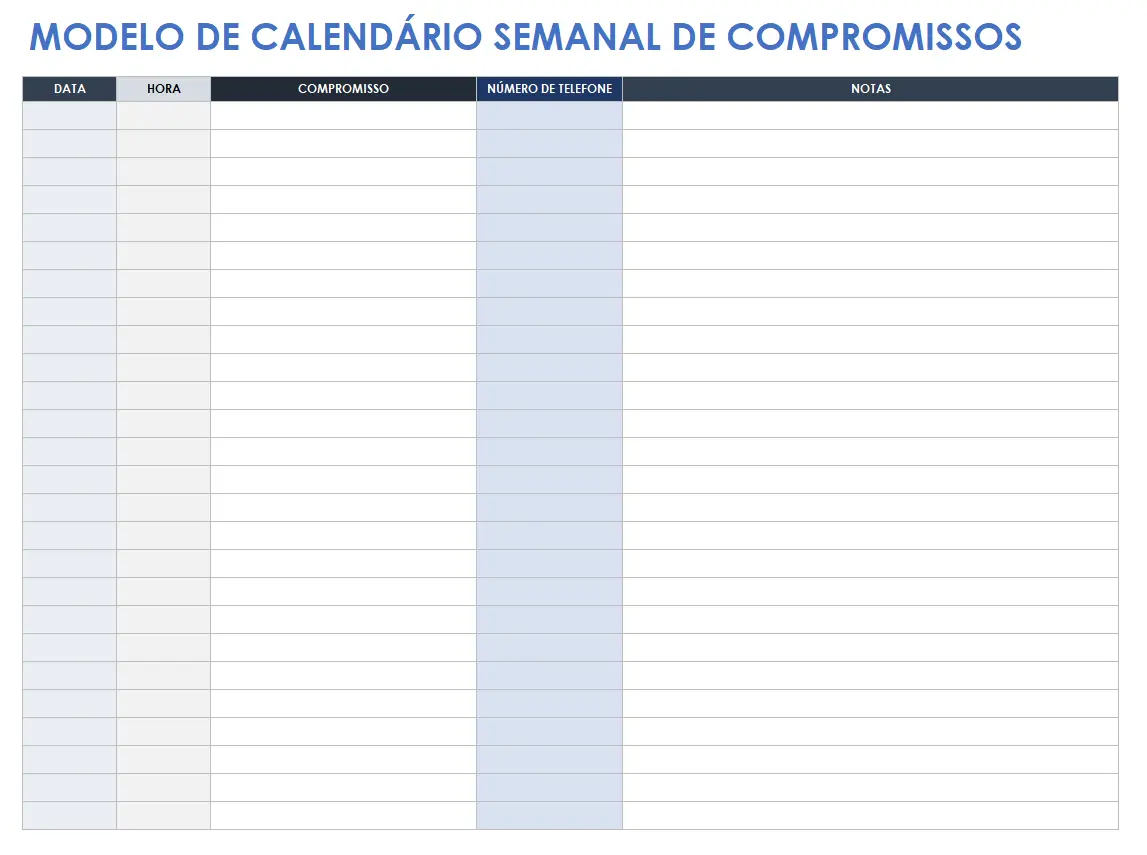 Modelo de calendário de compromissos semanais