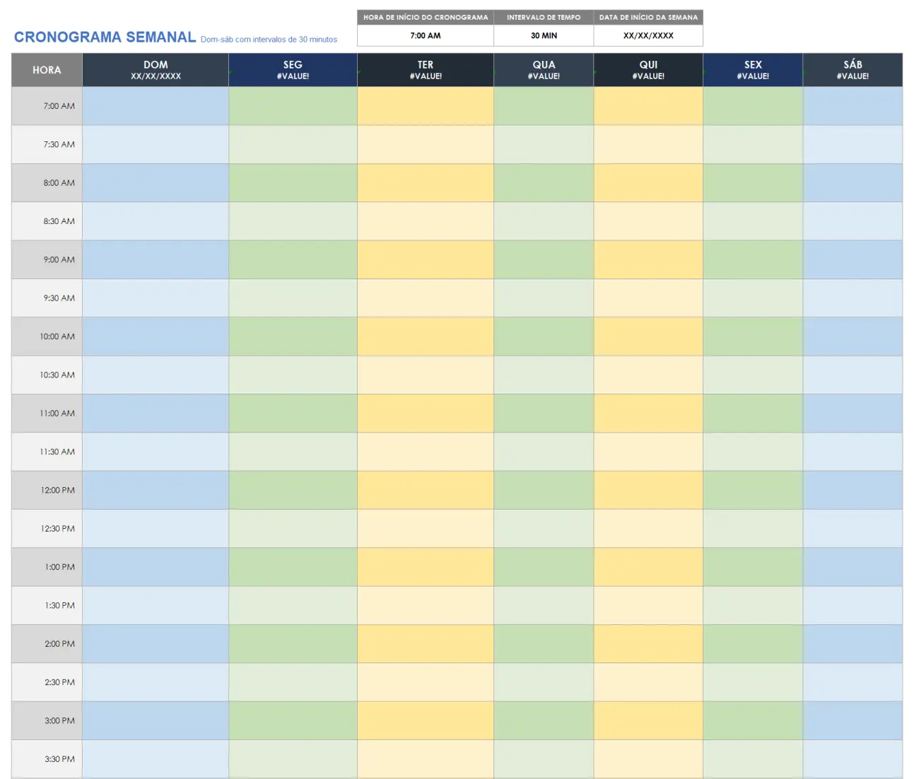 Horário semanal Dom-Sáb com intervalos de 30 minutos