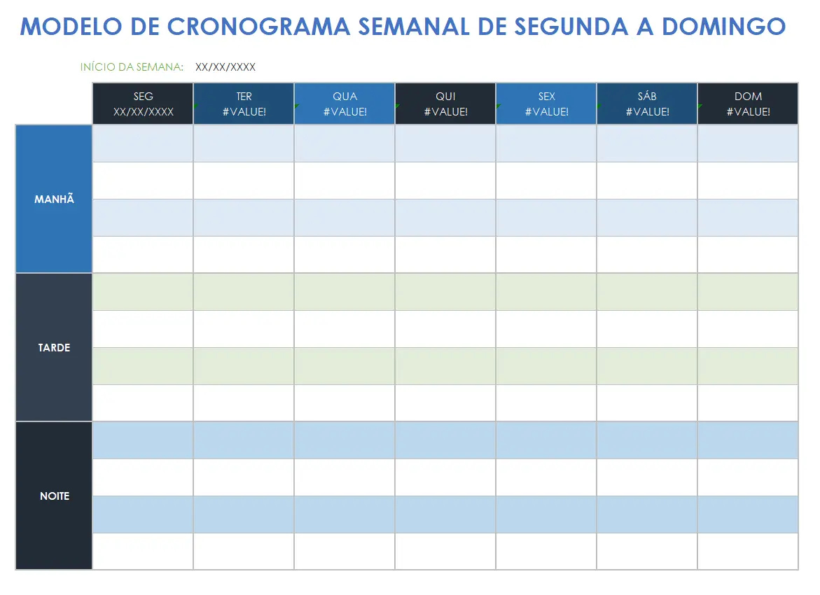 Modelo de horário semanal Seg-Dom