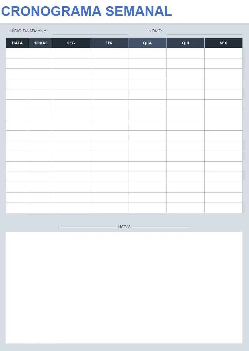 Modelo de horário de trabalho de 5 dias com notas